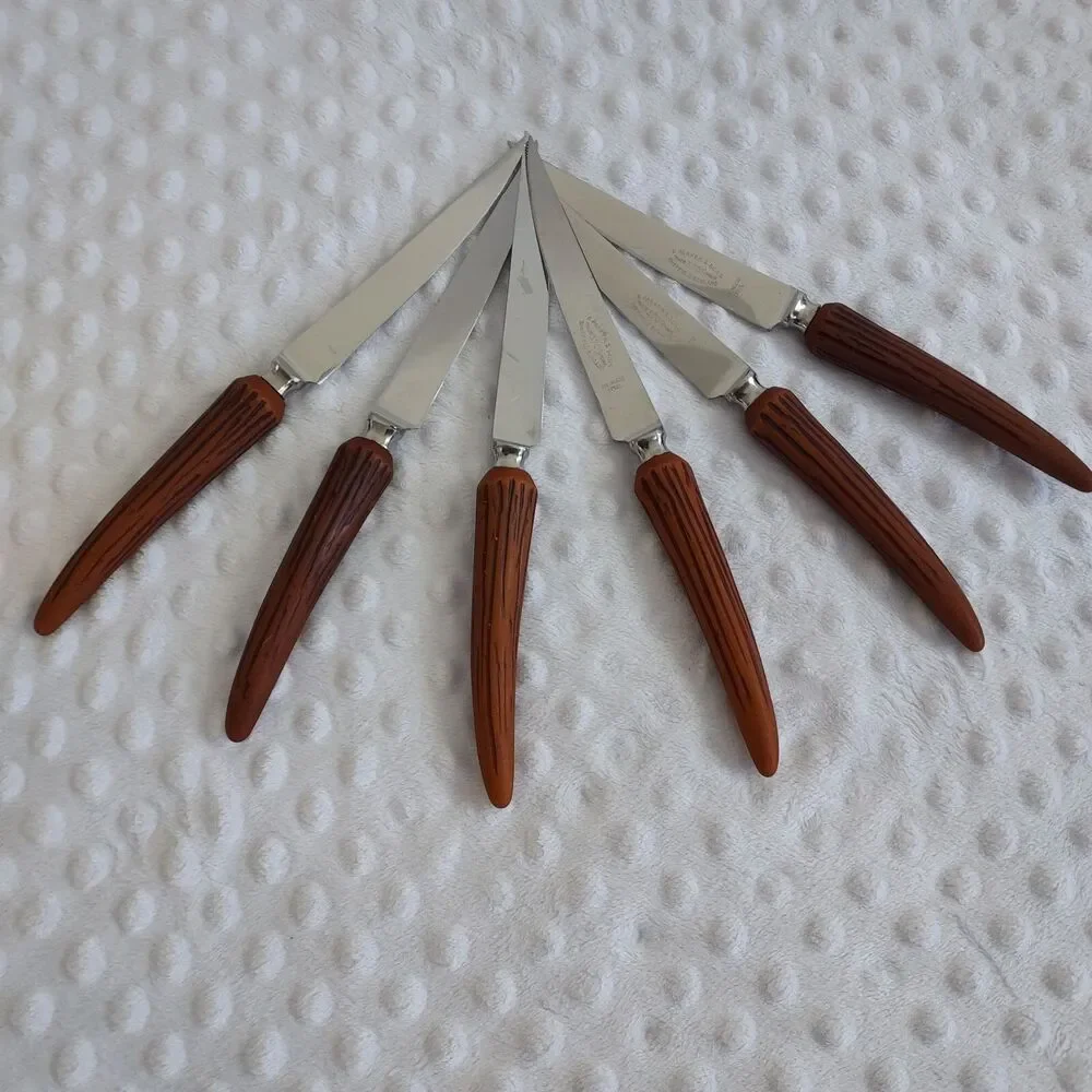 Vintage E Parker And Sons 3709 Sheffield England Horned Steak Knife Set Of 6